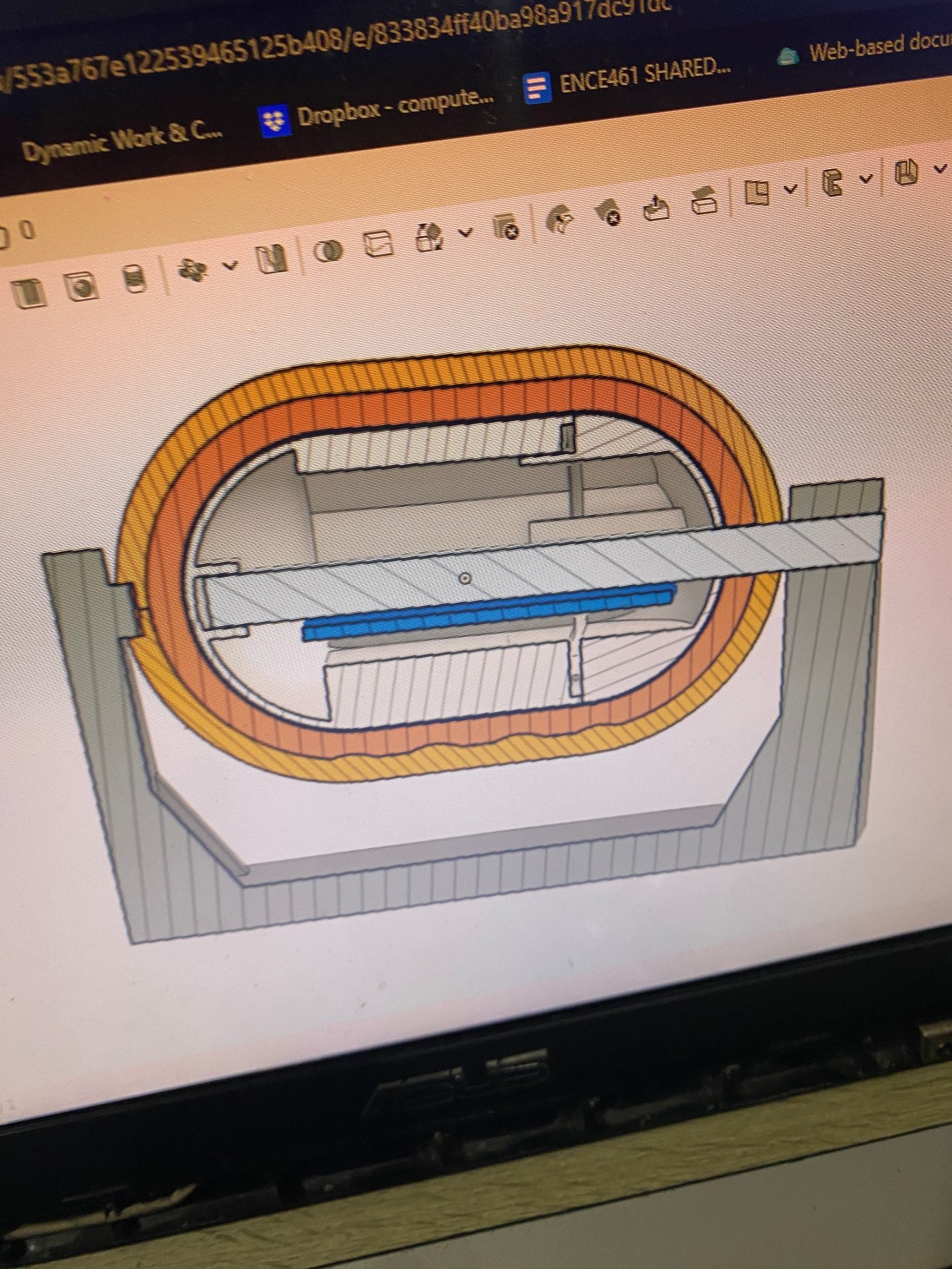 CAD cross-section of a compact electronics assembly with PCB inside its housing