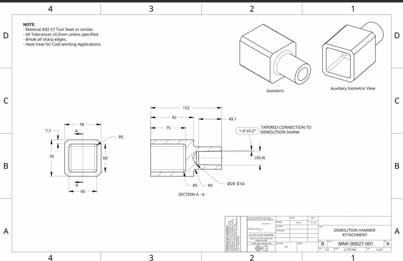 Manufacturing drawing with dimensions, tolerances and material specifications